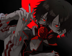 Rule 34 | 1boy, black hair, choker, gas mask, gloves, goggles, goggles on head, highres, jacket, jewelry, kuroume (aihikarikuroume24), long sleeves, looking at viewer, mask, nail polish, original, red background, red eyes, red nails, ring, short hair, solo, white jacket