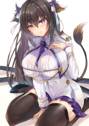 Rule 34 | 1girl, animal ears, azur lane, between legs, black footwear, black thighhighs, blush, bow, breasts, brown hair, buttons, cow ears, cow horns, cow tail, hair between eyes, hair bow, hair ribbon, hand between legs, hand on own chest, highres, horns, inoue takuya (tactactak), jacket, kashino (azur lane), katana, kneeling, large breasts, long hair, long sleeves, looking at viewer, miniskirt, parted lips, pleated skirt, purple bow, purple eyes, purple skirt, ribbon, shoes, skirt, smile, solo, sword, tail, teeth, thighhighs, very long hair, weapon, white jacket, white ribbon, zettai ryouiki
