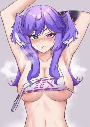 Rule 34 | 1girl, absurdres, areola slip, arm behind head, armpits, arms up, blue eyes, blush, breasts, clothes writing, dragon girl, fang, head wings, heterochromia, highres, large breasts, long hair, looking at viewer, navel, nijisanji, nijisanji en, nose blush, nude, purple eyes, purple hair, purple wings, selen tatsuki, skin fang, solo, steaming body, stomach, sweat, truubluu, upper body, virtual youtuber, wings
