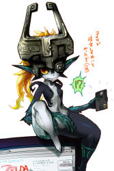 Rule 34 | 1girl, breasts, colored sclera, credit card, fang, flat chest, helmet, highres, long hair, looking at viewer, midna, monitor, navel, neon trim, nintendo, orange hair, pointy ears, red eyes, sitting, sitting on object, small breasts, smile, solo, the legend of zelda, the legend of zelda: twilight princess, translated, wide hips, yakibuta (shimapow), yellow sclera
