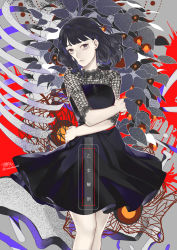 Rule 34 | 1girl, black dress, black eyes, black hair, blood, blood splatter, blunt bangs, bone, breasts, chinese lantern (plant), closed eyes, curly hair, dress, feet out of frame, floating hair, flower, grey background, hand on own hip, hand on own arm, head tilt, leaf, legs together, light smile, looking at viewer, maokezi, medium breasts, medium hair, mole, mole under eye, otome kaibou (vocaloid), pale skin, polka dot, polka dot background, red background, red flower, ribs, self hug, short dress, signature, simple background, smile, solo, song name, spine, standing, twitter username, two-tone background, vocaloid