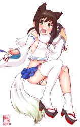 Rule 34 | 1girl, animal ears, artist logo, azur lane, black hair, blue skirt, commentary request, cosplay, dated, detached sleeves, failure penguin, fox ears, fubuki (azur lane), fubuki (azur lane) (cosplay), fubuki (kancolle), full body, geta, green eyes, highres, historical name connection, kanon (kurogane knights), kantai collection, looking at viewer, low ponytail, midriff, name connection, open mouth, panties, pantyshot, pleated skirt, ponytail, revision, scarf, short ponytail, sidelocks, simple background, single thighhigh, sitting, skirt, solo, thighhighs, underwear, white background, white panties, white scarf, white thighhighs