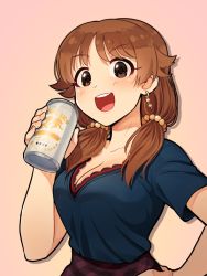 Rule 34 | 1girl, beer can, blush, breasts, brown background, brown eyes, brown hair, can, cleavage, collarbone, drink can, earrings, hand on own hip, idolmaster, idolmaster cinderella girls, jewelry, kamille (vcx68), katagiri sanae, large breasts, looking at viewer, low twintails, medium hair, open mouth, short sleeves, short twintails, smile, solo, teeth, twintails, upper body