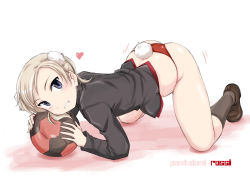 Rule 34 | 1girl, all fours, animal ears, ball, black jacket, black socks, blonde hair, blue eyes, blush, brown footwear, from side, full body, grin, heart, jacket, loafers, looking at viewer, martina crespi, military, military uniform, panties, rabbit tail, red panties, shoes, short hair, smile, soccer ball, socks, solo, strike witches, strike witches: kurenai no majo-tachi, string panties, tail, underwear, uniform, wan&#039;yan aguda, world witches series