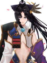 Rule 34 | 1girl, arm at side, black hair, blue eyes, breasts, cowboy shot, detached sleeves, fate/grand order, fate (series), feather hair ornament, highres, kdm (ke dama), long hair, looking at viewer, navel, petals, small breasts, solo, ushiwakamaru (fate), white background