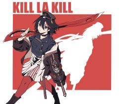 Rule 34 | 1girl, arknights, black hair, blue eyes, choker, commentary, commentary request, cosplay, english text, hat, highres, jacket, kill la kill, long sleeves, looking at viewer, matoi ryuuko, multicolored hair, open clothes, pantyhose, patch, red background, red hair, scissor blade (kill la kill), shadow, short hair, solo, streaked hair, two-tone hair, weapon, yi zhi qiu qiu qiu, zima (arknights), zima (arknights) (cosplay)