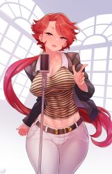 Rule 34 | 1girl, belt, black jacket, born-to-die, breasts, brown belt, cleavage, collarbone, commentary request, copyright request, facial mark, fang, highres, jacket, large breasts, long hair, looking at viewer, meme, microphone, midriff, never gonna give you up, open mouth, pants, ponytail, red eyes, red hair, rick astley, shirt, smile, solo, striped clothes, striped shirt, white pants