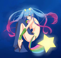 Rule 34 | 1girl, absurdres, aqua hair, arcade sona, barefoot, blue eyes, breasts, gradient hair, highres, league of legends, looking at viewer, multicolored hair, nail polish, nipples, purple hair, solo, sona (league of legends), spark of forever, toenail polish, toenails, topless, twintails, zimu jiang