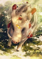 Rule 34 | 4boys, animal, bandaid, bandaid on face, bandaid on forehead, barefoot, black hair, boar, chinese zodiac, commentary request, grass, hanging on, happy, male focus, multiple boys, multiple riders, new year, noeyebrow (mauve), open mouth, original, oversized animal, red shirt, red shorts, riding, running, shirt, shorts, smile, snow, snowflakes, tusks, year of the pig