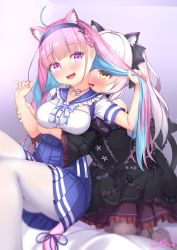 Rule 34 | 2girls, :d, ahoge, animal ear fluff, animal ears, arm grab, arm under breasts, artist name, bare shoulders, black dress, blue hair, blue sailor collar, blue skirt, blush, bow, braid, breasts, cat ears, chinese commentary, collarbone, colored inner hair, dress, extra ears, frills, gmkj, gothic lolita, grabbing, grabbing from behind, hair ribbon, headband, highres, holding, holding hair, hololive, kneeling, lolita fashion, long hair, looking at viewer, medium breasts, minato aqua, minato aqua (sailor), mixed-language commentary, multicolored hair, multiple girls, murasaki shion, murasaki shion (gothic lolita), open mouth, pantyhose, purple eyes, purple hair, ribbon, sailor collar, shirt, short sleeves, signature, silver hair, simple background, skirt, smile, tail, tail bow, tail ornament, tail ribbon, thighhighs, two-tone hair, virtual youtuber, white legwear, white shirt, yellow eyes, yuri