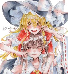 Rule 34 | 2girls, absurdres, annin cha, apron, arm up, artist name, ascot, black skirt, blonde hair, bow, brown eyes, brown hair, cheek pinching, chin rest, closed mouth, collared shirt, commentary request, detached sleeves, frilled bow, frilled hair tubes, frilled hat, frilled shirt collar, frills, hair bow, hair tubes, hakurei reimu, hand on another&#039;s shoulder, hat, hat bow, hat ribbon, head on head, head rest, highres, kirisame marisa, lips, long hair, looking at viewer, multiple girls, open mouth, pinching, puffy short sleeves, puffy sleeves, red ribbon, red shirt, ribbon, ribbon-trimmed sleeves, ribbon trim, shirt, short sleeves, sidelocks, skirt, sweatdrop, teeth, tongue, touhou, twitter username, upper teeth only, white apron, white bow, white ribbon, wide sleeves, witch hat, yellow ascot, yellow eyes