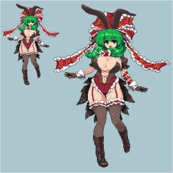 Rule 34 | 1girl, alternate costume, animal ears, bad id, bad twitter id, black footwear, black gloves, black thighhighs, boots, bow, breasts, cleavage, coattails, corset, fishnet thighhighs, fishnets, frills, front ponytail, full body, garter straps, gloves, green eyes, green hair, hair bow, hair ribbon, kagiyama hina, large breasts, long hair, looking at viewer, namako daibakuhatsu, navel, pixel art, rabbit ears, ribbon, simple background, smile, solo, thighhighs, thighs, touhou, wrist cuffs