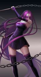 Rule 34 | 1girl, bad id, bad pixiv id, blindfold, boots, breasts, chain, dagger, elbow gloves, fate/stay night, fate (series), gloves, highres, knife, large breasts, long hair, medusa (fate), medusa (rider) (fate), nameless dagger (fate), purple hair, solo, thigh boots, thighhighs, very long hair, weapon, yinanhuanle