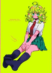 Rule 34 | 1girl, ahoge, alternate skin color, anna (aannnaa3), blue socks, blush stickers, boku no hero academia, character name, collared shirt, colored eyelashes, colored skin, curly hair, fingernails, green background, green hair, green skirt, hagakure tooru, hair between eyes, happy, highres, kneehighs, looking at viewer, medium hair, messy hair, multicolored hair, necktie, no shoes, outstretched arms, outstretched legs, own hands together, pigeon-toed, pillarboxed, pink hair, pink skin, pleated skirt, red necktie, school uniform, shirt, short sleeves, sideways glance, simple background, sitting, skirt, smile, socks, solo, streaked hair, summer uniform, thick eyelashes, u.a. school uniform, unusually visible, v arms, white shirt, wing collar