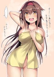 Rule 34 | ..., 1girl, :d, absurdres, ahoge, areola slip, blush, breasts, brown eyes, brown hair, collarbone, cowboy shot, gluteal fold, groin, hair between eyes, hair flaps, hairband, highres, jewelry, kantai collection, kuromayu, large breasts, long hair, looking at viewer, naked towel, open mouth, red hairband, ring, shiratsuyu (kancolle), shiratsuyu kai ni (kancolle), smile, solo, spoken ellipsis, towel, translation request, wedding ring