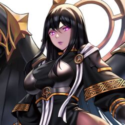 1girl armor black_dress black_hair black_wings breastplate breasts brown_pantyhose c.honey dress female_focus from_below game_cg glowing glowing_eyes hair_between_eyes high_collar large_breasts last_origin lips lipstick long_hair long_sleeves looking_at_viewer makeup official_art pantyhose purple_eyes saraqael_(last_origin) shoulder_armor transparent_background upper_body wings