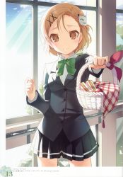Rule 34 | 10s, 1girl, absurdres, accel world, basket, black skirt, blazer, blush, bow, bowtie, brown eyes, brown hair, cat hair ornament, collared shirt, day, food, green bow, green bowtie, h2so4, hair ornament, highres, holding, jacket, kurashima chiyuri, long sleeves, looking at viewer, outdoors, outstretched arm, pleated skirt, pov, sandwich, school uniform, shirt, skirt, standing, tomato, vegetable, white shirt