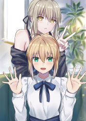 Rule 34 | 2girls, absurdres, ahoge, artoria pendragon (all), artoria pendragon (fate), bare shoulders, black ribbon, blonde hair, blue neckwear, blue ribbon, chin rest, commentary request, fate/stay night, fate (series), green eyes, hair ribbon, hands up, head on head, head rest, highres, multiple girls, off shoulder, plant, potted plant, ribbon, saber (fate), saber alter, saber alter (ver. shinjuku 1999) (fate), shirt, short hair, sii artatm, upper body, v, white shirt