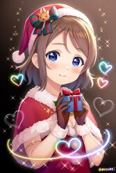 antlers blue_eyes blush box breasts brown_hair christmas cleavage closed_mouth dress fur-trimmed_dress fur-trimmed_headwear fur_trim gift gift_box gloves hat heart highres horns jewelry looking_at_viewer love_live! love_live!_sunshine!! rabineru reindeer santa_costume santa_dress santa_hat simple_background smile star_(symbol) watanabe_you