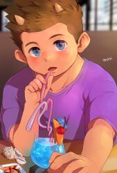 Rule 34 | 1boy, blue eyes, blush, brown hair, child, commentary request, crazy straw, drink, drinking straw, heart straw, highres, hijirino yuuta, holding, holding drinking straw, horns, indoors, kijimuna (housamo), male focus, open mouth, outstretched arm, photo (object), purple shirt, reaching, reaching towards viewer, robinson (housamo), seashell, shell, shirt, short hair, signature, solo, t-shirt, tokyo houkago summoners, upper body