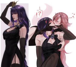 2girls absurdres animal_ears black_dress black_gloves black_thighhighs blush breasts cleavage closed_eyes closed_mouth collarbone commentary dress ear_blush elbow_gloves english_commentary fingernails fox_ears fox_girl fox_tail garter_straps genshin_impact gloves grabbing_another&#039;s_breast grabbing_from_behind groping hand_on_another&#039;s_face heart highres kiss large_breasts lart_art1 long_fingernails long_hair multiple_girls pink_hair purple_background purple_eyes purple_hair raiden_shogun red_lips red_nails sharp_fingernails surprise_kiss surprised tail thighhighs two-tone_background white_background yae_miko yuri