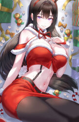 Rule 34 | 1girl, bell, belt, black belt, black hair, black pantyhose, blush, box, breasts, christmas, cleavage, gift, gift box, hairband, highres, jingle bell, kfr, large breasts, long hair, looking at viewer, mole, mole on breast, navel, neck ribbon, original, pantyhose, purple eyes, red hairband, red ribbon, red skirt, ribbon, sitting, skirt, solo, suspenders