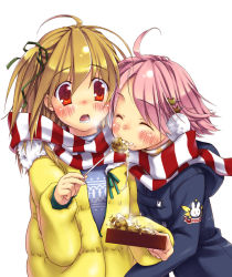 Rule 34 | 2girls, ahoge, blonde hair, blush, cat hair ornament, closed eyes, eating, food, hair ornament, hair ribbon, hinohino, multiple girls, one side up, original, pink hair, red eyes, ribbon, scarf, shared clothes, shared scarf, simple background, striped clothes, striped scarf, takoyaki, upper body, white background