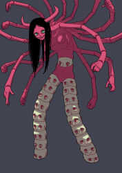 Rule 34 | 1girl, 1other, black hair, chainsaw man, darkness flesh (chainsaw man), doll, doll joints, extra arms, extra breasts, green eyes, grey background, highres, horns, hunched over, joints, long hair, looking at viewer, mole, mole under eye, mole under mouth, multiple heads, santa claus (chainsaw man), smile, solo, ym yoshiya
