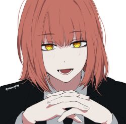 Rule 34 | 1girl, alternate hair length, alternate hairstyle, black jacket, black necktie, black suit, chainsaw man, commentary, formal, highres, jacket, makima (chainsaw man), masoq, necktie, open mouth, orange hair, own hands together, portrait, ringed eyes, smile, solo, suit, suit jacket, twitter username, yellow eyes