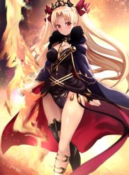 Rule 34 | 1girl, between breasts, black cloak, black dress, black leotard, blonde hair, blush, breasts, cloak, commentary request, dress, earrings, ereshkigal (fate), fate/grand order, fate (series), fire, fur-trimmed cloak, fur trim, glowing, gold trim, hair ribbon, hoop earrings, jewelry, large breasts, leotard, light particles, long hair, looking at viewer, medium breasts, parted bangs, parted lips, print dress, print leotard, red cloak, red eyes, red ribbon, ribbon, short dress, skull, sky, smile, solo, sparkle, spine, standing, star (sky), starry sky, thighs, tiara, two-sided cloak, two-sided fabric, two side up, untue, very long hair, weapon