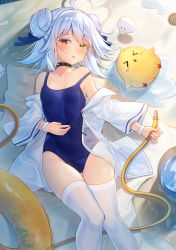Rule 34 | 1girl, :o, ahoge, azur lane, bare shoulders, bird, black choker, blue one-piece swimsuit, breasts, chick, choker, collarbone, covered navel, dango remi, double bun, hair bun, hair ribbon, heterochromia, highres, holding, hose, long hair, looking at viewer, lying, manjuu (azur lane), mole, mole under eye, nicholas (azur lane), nicholas (summer cleaning &quot;volunteer&quot;) (azur lane), off shoulder, on back, one-piece swimsuit, open clothes, open shirt, parted lips, red eyes, ribbon, school swimsuit, scrunchie, shirt, skindentation, small breasts, solo, strap slip, swimsuit, thighhighs, thighs, white hair, white shirt, white thighhighs, wrist scrunchie, yellow eyes