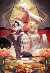 Rule 34 | 4girls, ahoge, blonde hair, blue eyes, braid, bread, breasts, brown eyes, champagne flute, couch, cup, curtains, cutlery, dark-skinned female, dark skin, drinking glass, fate/grand order, fate (series), flag, flower pot, food, highres, jeanne d&#039;arc (fate), jeanne d&#039;arc (ruler) (fate), jeanne d&#039;arc alter (avenger) (fate), jeanne d&#039;arc alter (fate), jeanne d&#039;arc alter santa lily (fate), lack, lakshmibai (fate), large breasts, crossed legs, long hair, meat, menu, milk, multiple girls, pantyhose, plate, sitting, sleeveless, sleeveless turtleneck, smile, thighhighs, turtleneck, white hair, wine glass, yellow eyes