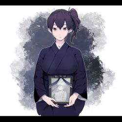 Rule 34 | 1girl, alternate costume, expressionless, funeral kimono, holding, iei, japanese clothes, kaga (kancolle), kantai collection, kimono, letterboxed, looking at viewer, sakita (ookawarii), side ponytail, simple background, sitting, solo