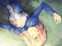 Rule 34 | 00s, 1girl, artoria pendragon (fate), blonde hair, breasts, cleavage, closed eyes, fate/stay night, fate (series), grass, lying, mikage sekizai, saber (fate), shadow, sleeping, small breasts, smile, solo, unbuttoned, wallpaper