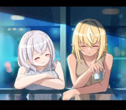 Rule 34 | 2girls, ^ ^, bare arms, bare shoulders, blonde hair, blush, breasts, brown shirt, closed eyes, closed mouth, collarbone, cup, dark-skinned female, dark skin, drinking glass, facing another, grey hair, grey shirt, hair between eyes, holding, holding cup, hololive, hot kakigoori, large breasts, letterboxed, multicolored hair, multiple girls, ponytail, railing, ribbed shirt, shiranui flare, shirogane noel, shirt, sleeveless, sleeveless shirt, smile, streaked hair, upper body, virtual youtuber, white hair