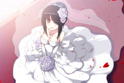 Rule 34 | 10s, 1girl, alternate hairstyle, bare shoulders, black hair, bouquet, breasts, cleavage, collarbone, cross, date a live, dress, elbow gloves, flower, gloves, hair ornament, hair over one eye, highres, large breasts, looking at viewer, open mouth, petals, red eyes, rose, see-through, short hair, solo, star (symbol), tokisaki kurumi, uiu, veil, wedding dress