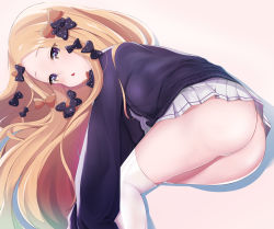 Rule 34 | 1girl, abigail williams (fate), absurdres, ass, bad id, bad pixiv id, black bow, black sweater, blonde hair, blue eyes, blush, bow, breasts, fate/grand order, fate (series), forehead, highres, long hair, looking at viewer, lying, multiple bows, on side, open mouth, orange bow, parlia (asf5576), parted bangs, pleated skirt, polka dot, polka dot bow, skirt, sleeves past fingers, sleeves past wrists, small breasts, solo, sweater, thighhighs, thighs, white skirt, white thighhighs
