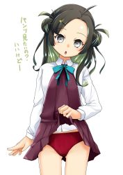Rule 34 | 1girl, bow, collared shirt, double bun, dress, eyebrows, flat chest, forehead, gradient neckwear, hair bun, hair ornament, hairclip, highres, kantai collection, lifted by self, long sleeves, looking at viewer, makinami (kancolle), nassukun, neck ribbon, open mouth, panties, purple dress, red panties, ribbon, shirt, simple background, solo, translated, underwear, white background