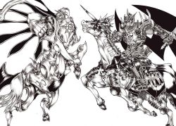 Rule 34 | acuto, armor, cape, centaur, constellar omega, duel monster, evilswarm thanatos, helmet, highres, horse, monochrome, spikes, sword, taur, unicorn, weapon, wings, yu-gi-oh!