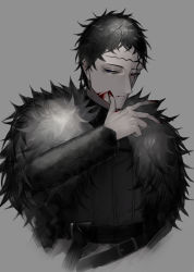Rule 34 | 1boy, absurdres, belt, belt buckle, black clover, black hair, black shirt, blood, blood in mouth, blood on face, blood on hands, blue eyes, buckle, chest strap, coat, cuirass, expressionless, facial mark, frit 2, fur coat, fur collar, grey background, heterochromia, high collar, highres, male focus, o-ring, red eyes, shirt, short hair, simple background, solo, tunic, zenon zogratis