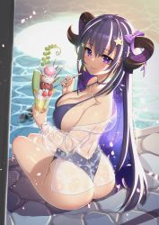 Rule 34 | 1girl, absurdres, ass, back, breasts, cafe sorcellerie, cantaloupe, cleavage, closed mouth, collarbone, commentary request, cup, food, fruit, hair between eyes, hair ornament, highres, holding, holding cup, holding spoon, horns, ice cream, ichihachiyon, large breasts, long hair, looking at viewer, mole, mole under eye, one-piece swimsuit, parfait, pool, poolside, purple eyes, purple hair, purple one-piece swimsuit, rizel (vtuber), see-through, see-through shirt, sitting, smile, solo, spoon, star (symbol), star hair ornament, stone floor, strawberry, swimsuit, swimsuit cover-up, thighs, twisted torso, virtual youtuber
