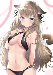 Rule 34 | 1girl, akino ell, animal ear fluff, animal ears, bare shoulders, bell, bikini, black bikini, black ribbon, blue eyes, blurry, bracelet, breasts, brown hair, cat ears, cat girl, cat tail, cleavage, closed mouth, criss-cross halter, frown, groin, hair ornament, hair ribbon, hairclip, halterneck, hand on own chest, hand up, heart, highres, jewelry, jingle bell, large breasts, long hair, looking at viewer, multicolored nails, nail art, nail polish, navel, original, pink ribbon, ribbon, signature, solo, stomach, swimsuit, tail, upper body, very long hair, white background