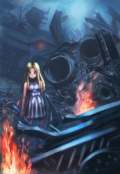 Rule 34 | 1girl, bad id, bad pixiv id, blonde hair, child, fire, highres, hironi, hironii (hirofactory), original, rubble, solo