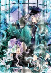 Rule 34 | blue eyes, bow, eyepatch, feathers, flower, gloves, hat, highres, lee sun young, long hair, purple hair, silver hair