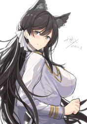 Rule 34 | 1girl, animal ears, atago (azur lane), azur lane, black hair, blush, breasts, brown eyes, closed mouth, dated, extra ears, from side, hair ribbon, highres, jacket, large breasts, long hair, looking at viewer, military, military uniform, mole, mole under eye, ribbon, signature, simple background, smile, solo, swept bangs, uniform, white background, white jacket, white ribbon, xkc