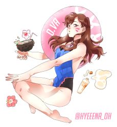 Rule 34 | 1girl, :3, adapted costume, animal print, bare shoulders, barefoot, blue one-piece swimsuit, bodysuit, bottle, breasts, brown eyes, brown hair, casual one-piece swimsuit, character name, coconut, d.va (overwatch), deary me, drinking straw, facepaint, facial mark, fingernails, flower, from side, fruit cup, full body, groin, halterneck, hand on own knee, highres, legs, legs together, leotard, lifebuoy, long hair, looking at viewer, lotion, medium breasts, one-piece swimsuit, orange eyes, outstretched arms, overwatch, overwatch 1, parted lips, rabbit print, ribbed bodysuit, ribbed leotard, simple background, sitting, sleeveless, solo, spill, spilling, sunscreen, swim ring, swimsuit, turtleneck, twitter username, whisker markings, white background