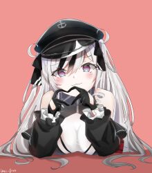 Rule 34 | 1girl, absurdres, anchor symbol, azur lane, black gloves, breasts, chain, detached sleeves, doyagao, dress, elbe (azur lane), finger heart, frilled sleeves, frills, gloves, hat, highres, large breasts, long hair, multicolored hair, peaked cap, pink background, purple eyes, sleeveless, sleeveless dress, smug, streaked hair, two-tone dress, unli free, upper body