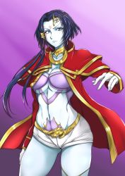 Rule 34 | 1girl, alien, blue hair, blue skin, breasts, cape, cleavage, collarbone, colored skin, divorty, facial mark, forehead mark, gggg, gold choker, hair ornament, highres, medium breasts, navel, open hand, short hair, short hair with long locks, short shorts, shorts, solo, super robot wars, super robot wars bx, underboob, v-shaped eyebrows, white shorts