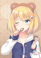 Rule 34 | 1girl, animal ears, bear ears, blonde hair, blue bra, blue eyes, blue jacket, blush, bra, brown hairband, candy, closed mouth, collarbone, fake animal ears, food, food-themed hair ornament, hair between eyes, hair ornament, hairband, hairclip, hands up, highres, holding, holding candy, holding food, holding lollipop, jacket, kaiware-san, lollipop, long sleeves, looking at viewer, one eye closed, onigiri hair ornament, open clothes, open jacket, original, sailor collar, sleeves past wrists, solo, striped bra, striped clothes, underwear, upper body, white sailor collar