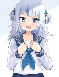 Rule 34 | 1girl, absurdres, alternate costume, blue eyes, blue hair, blue sailor collar, blunt bangs, collarbone, commentary request, flat chest, gawr gura, hair ornament, hands up, haru (re ilust), highres, hololive, hololive english, long hair, long sleeves, looking at viewer, multicolored hair, neckerchief, open mouth, sailor collar, school uniform, serafuku, shark hair ornament, sharp teeth, shirt, smile, solo, streaked hair, teeth, two side up, upper body, upper teeth only, virtual youtuber, white shirt
